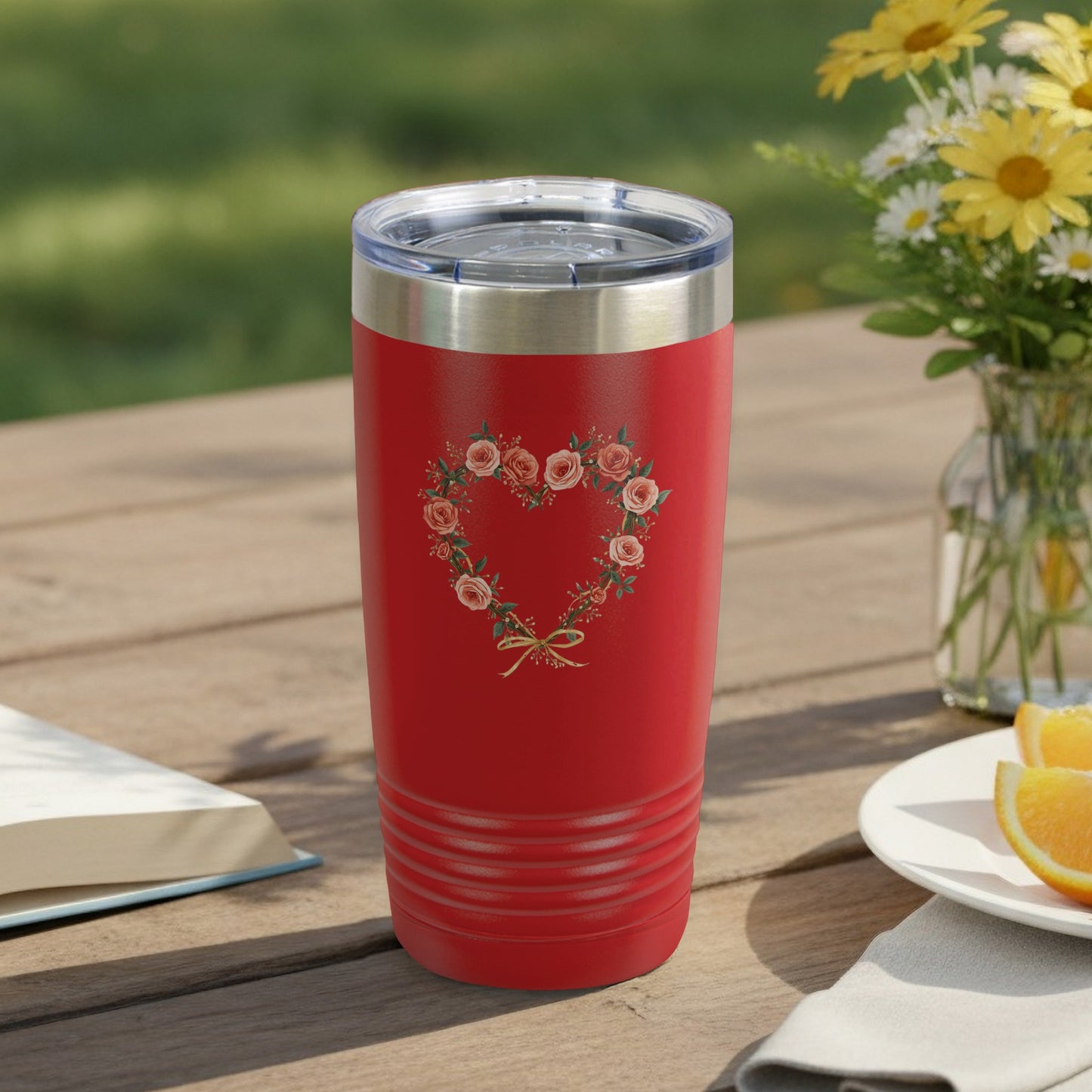 Floral Heart Design Red Insulated Drink Tumbler Product