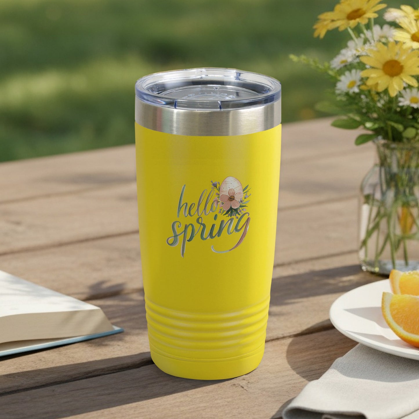 Hello Spring Yellow Travel Tumbler with Floral Design