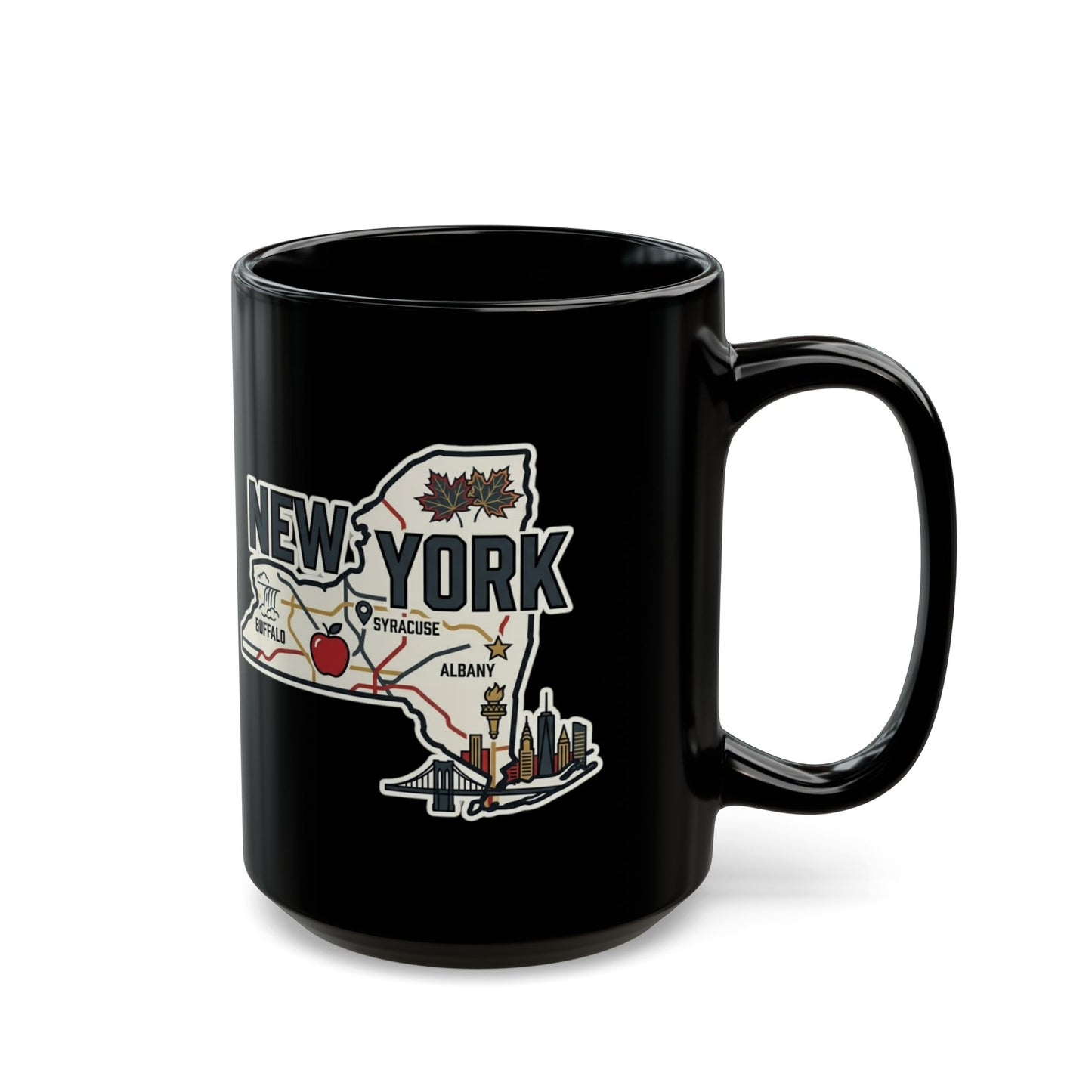 Black mug with New York map, landmarks, and city names.