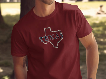 Maroon t-shirt with "TEXAS" outlined in white and blue.
