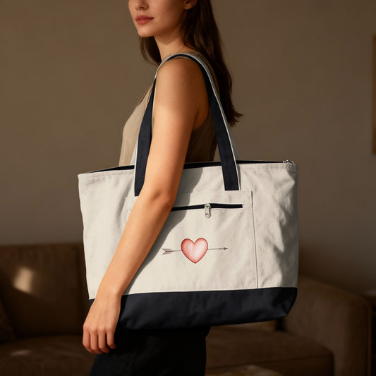 Large White Tote Bag with Heart and Arrow Design