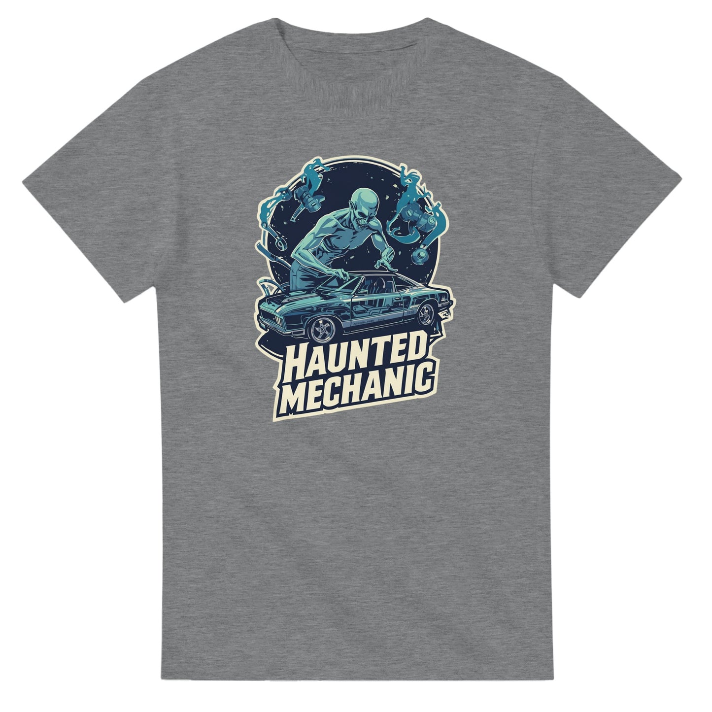Haunted Mechanic graphic design on a Heavyweight T-shirt