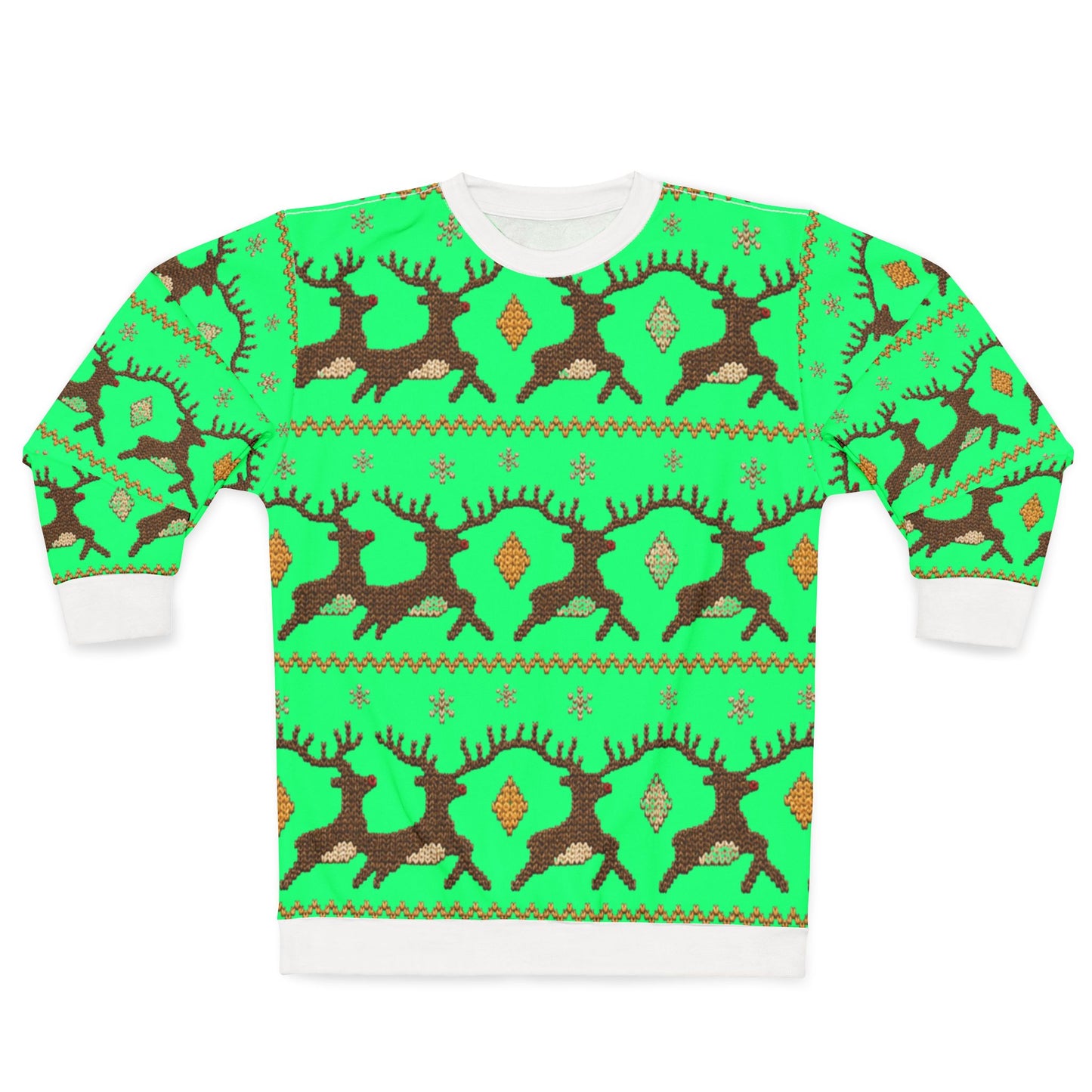 Green long-sleeve sweatshirt with brown reindeer and diamond pattern.