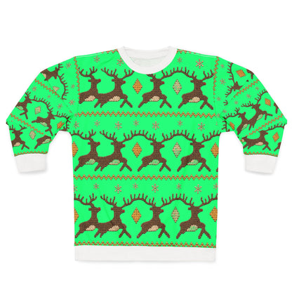 Green long-sleeve sweatshirt with brown reindeer and diamond pattern.