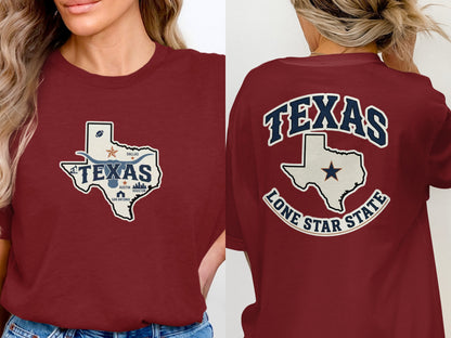 Maroon t-shirt with Texas outline and city names on front, "Texas Lone Star State" on back.