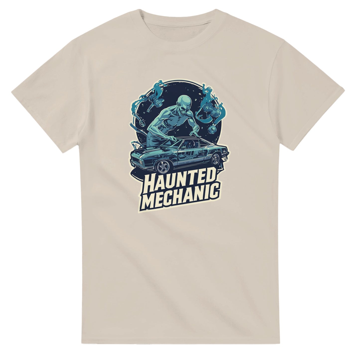 Haunted Mechanic graphic design on a Heavyweight T-shirt