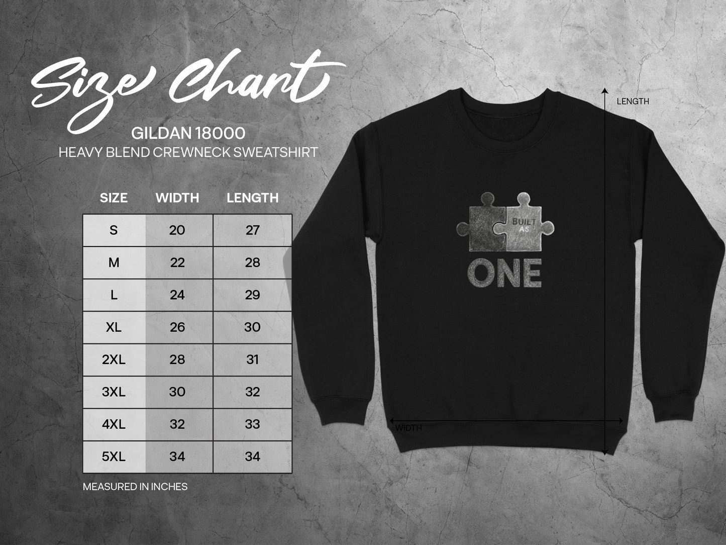 Built As One Crewneck Size Chart Gildan 18000 Sweatshirt