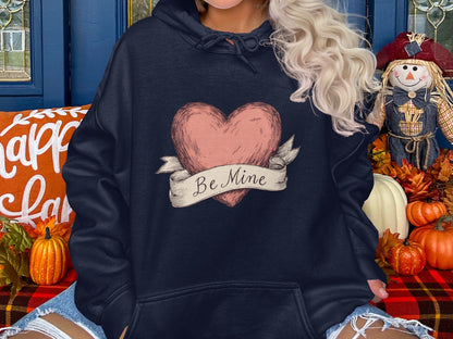 Be Mine Heart Print Hoodie with Fall Decor Background