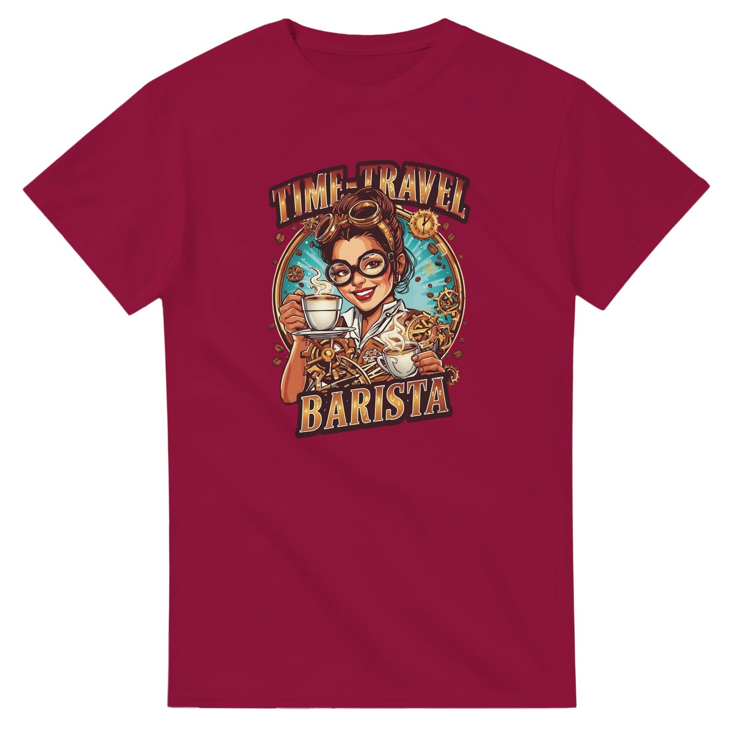 Time-Travel Barista graphic design on a Heavyweight T-shirt