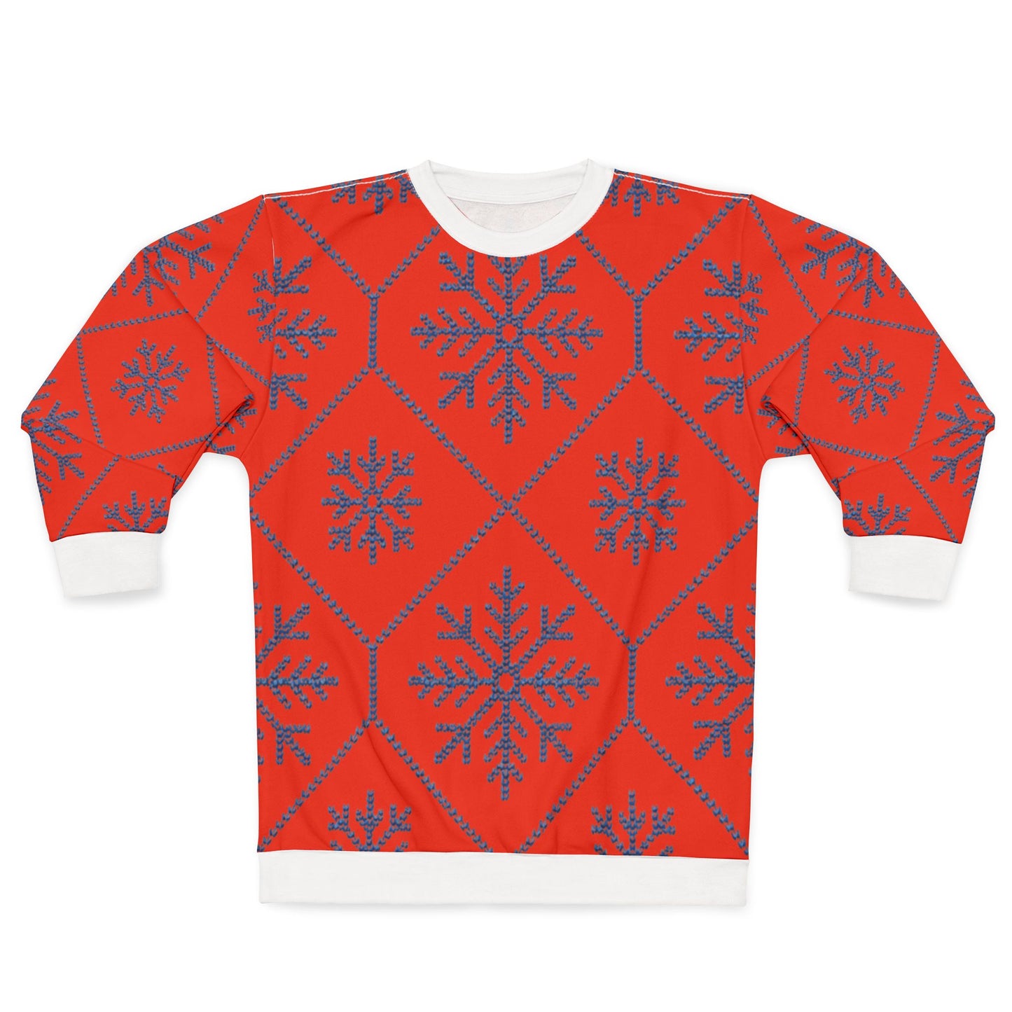 Red sweatshirt with blue snowflake pattern and white cuffs and neckline.