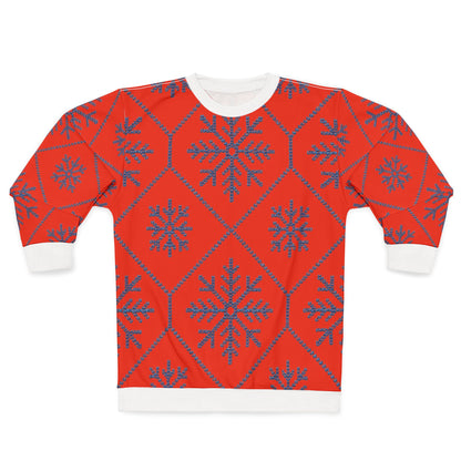 Red sweatshirt with blue snowflake pattern and white cuffs and neckline.