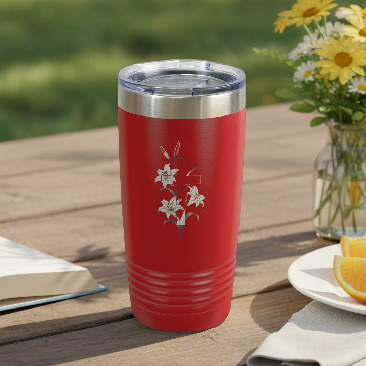 Red Christian Tumbler Cross Lily Flower Design product type