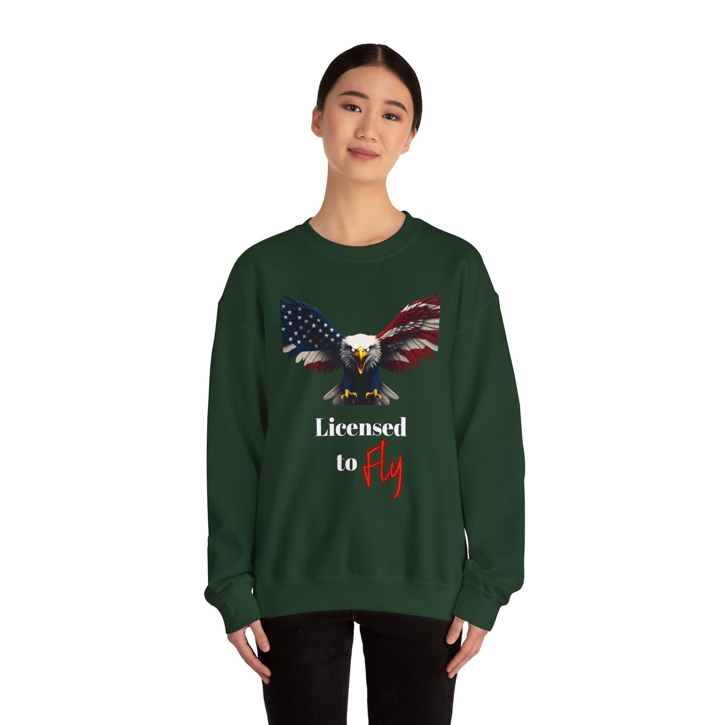 Licensed To Fly Patriotic Eagle text on a Crewneck Sweatshirt