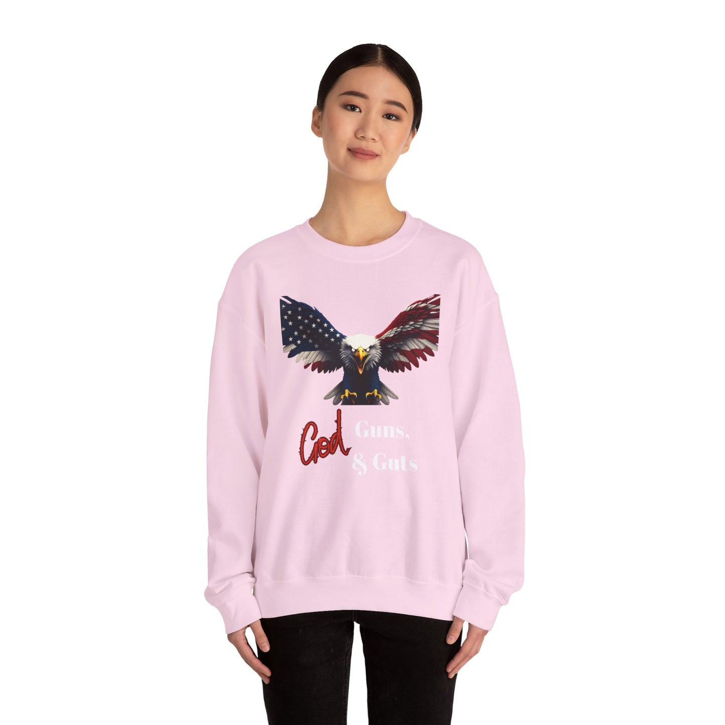 God Guns & Guts Patriotic Eagle text on a Crewneck Sweatshirt