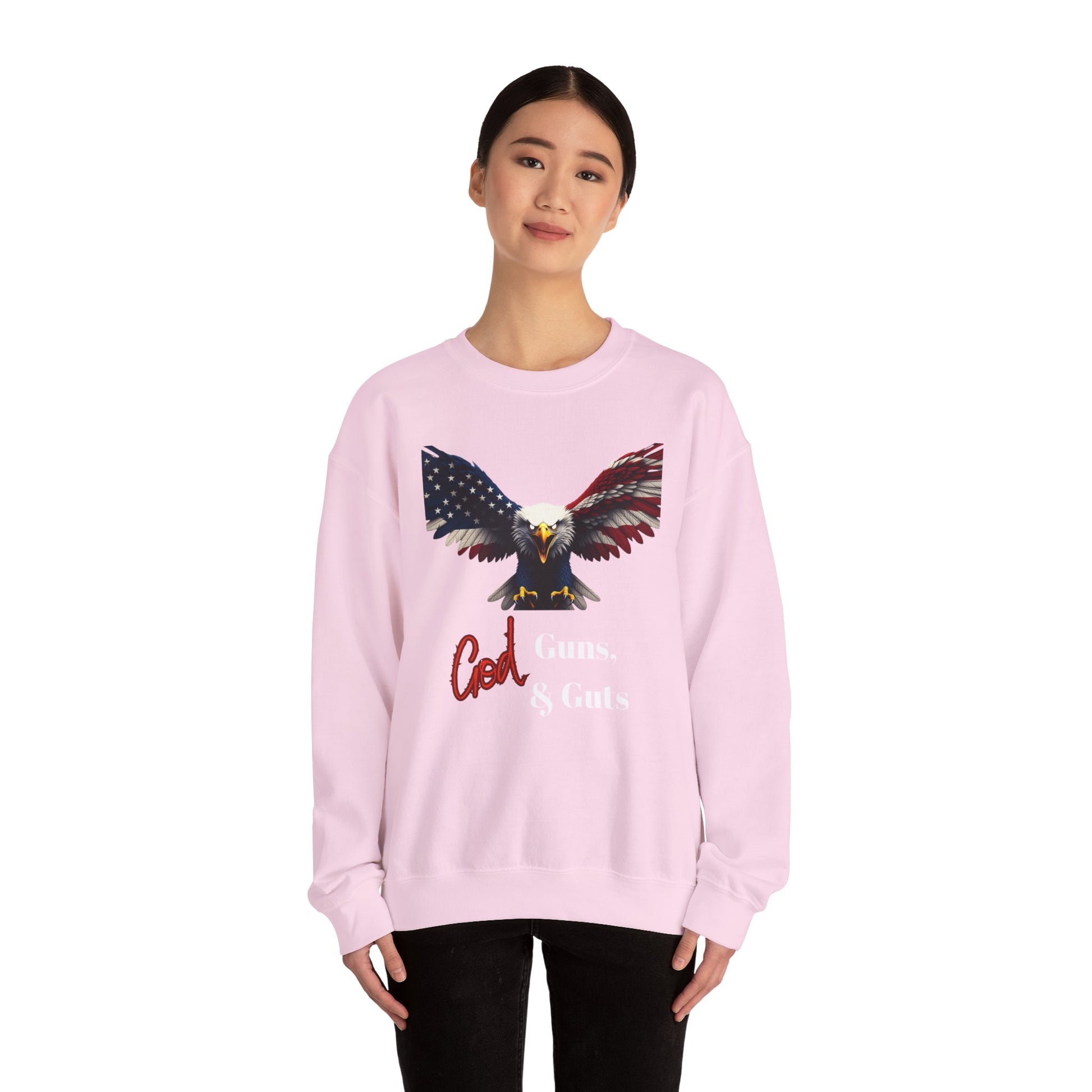 God Guns & Guts Patriotic Eagle text on a Crewneck Sweatshirt
