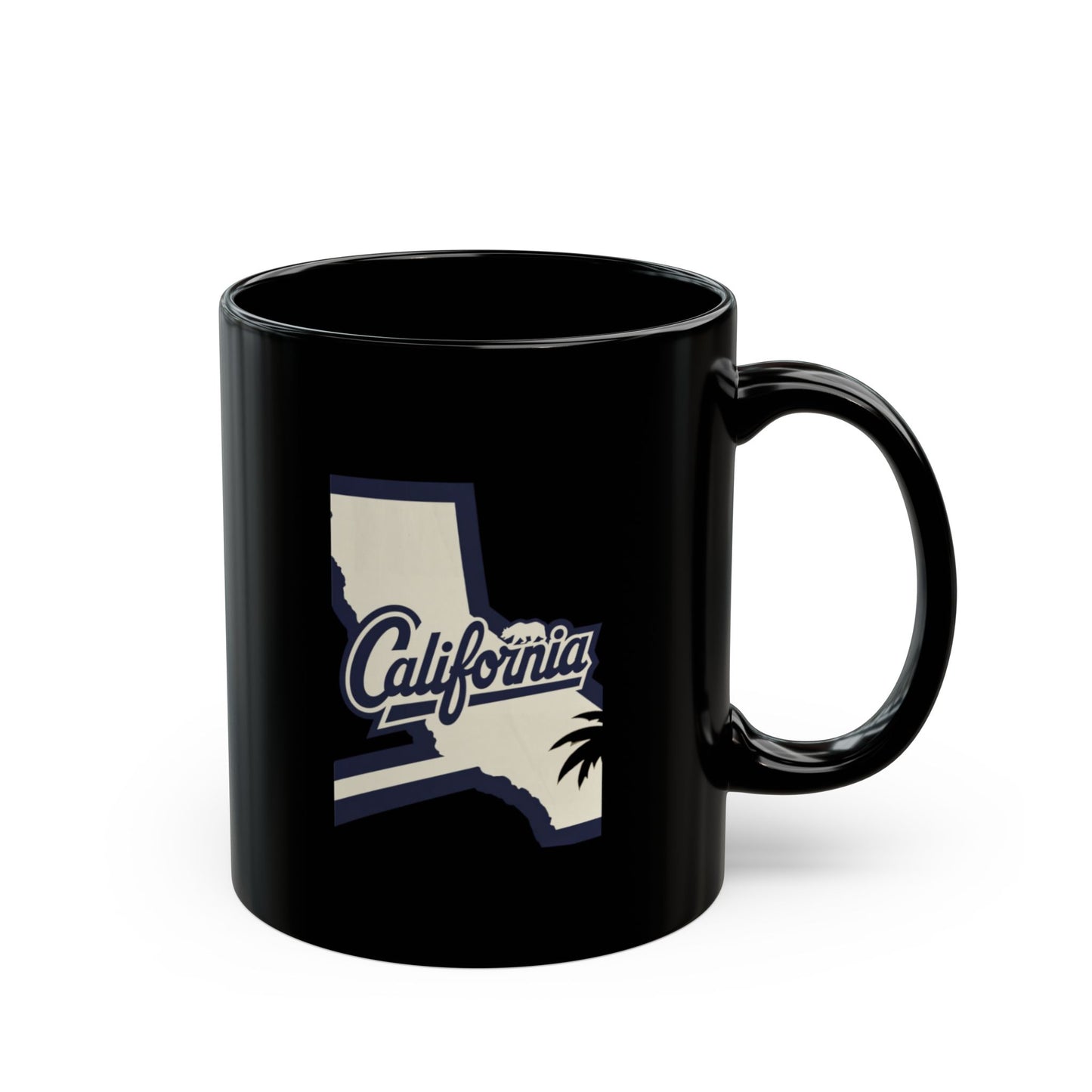 Black mug with "California" text and palm tree silhouette design.
