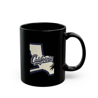 Black mug with "California" text and palm tree silhouette design.