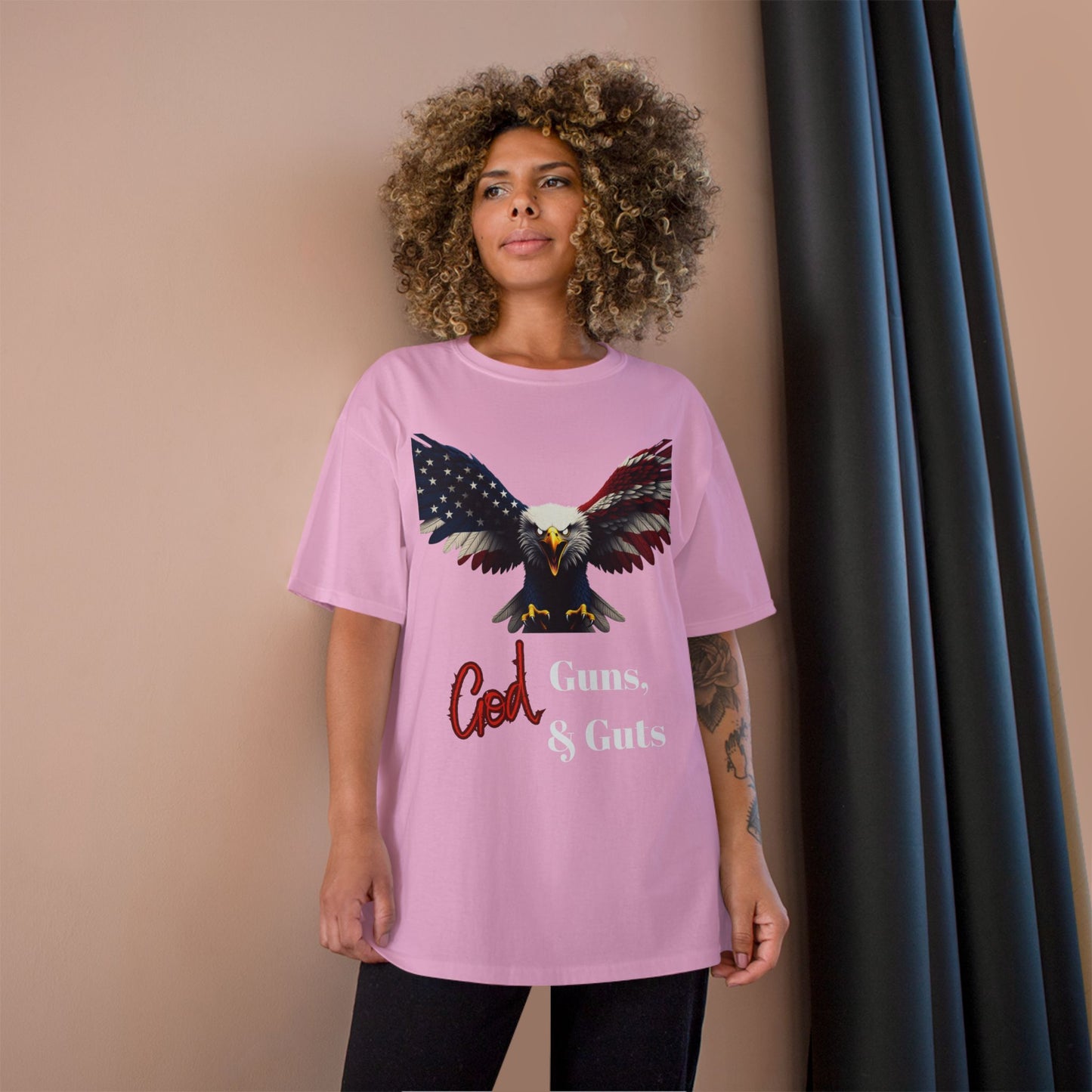 God Guns & Guts Patriotic Eagle on a Champion T-shirt