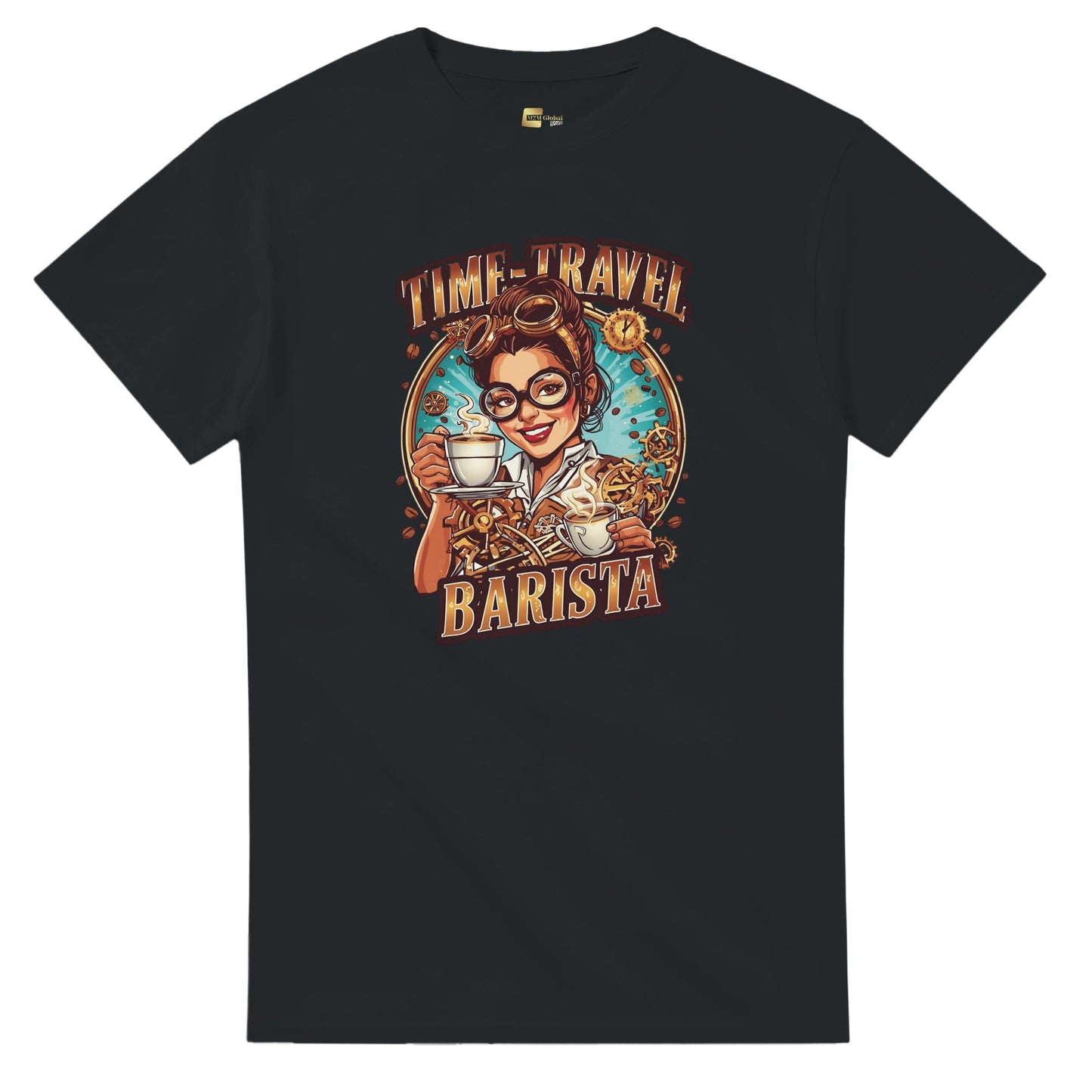 Time-Travel Barista graphic design on a Heavyweight T-shirt