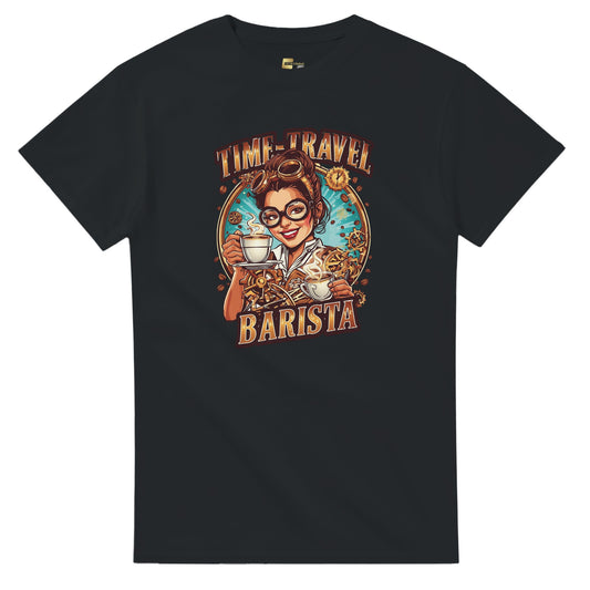 Time-Travel Barista graphic design on a Heavyweight T-shirt