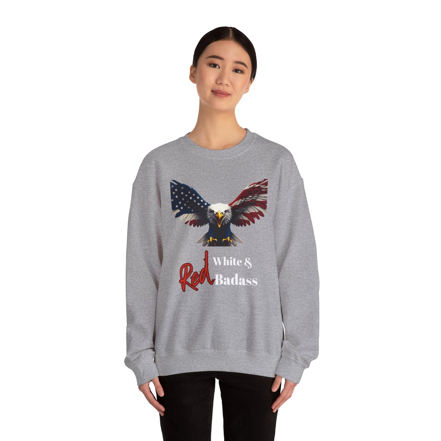 Red White & Badass Patriotic Eagle text on a Crewneck Sweatshirt