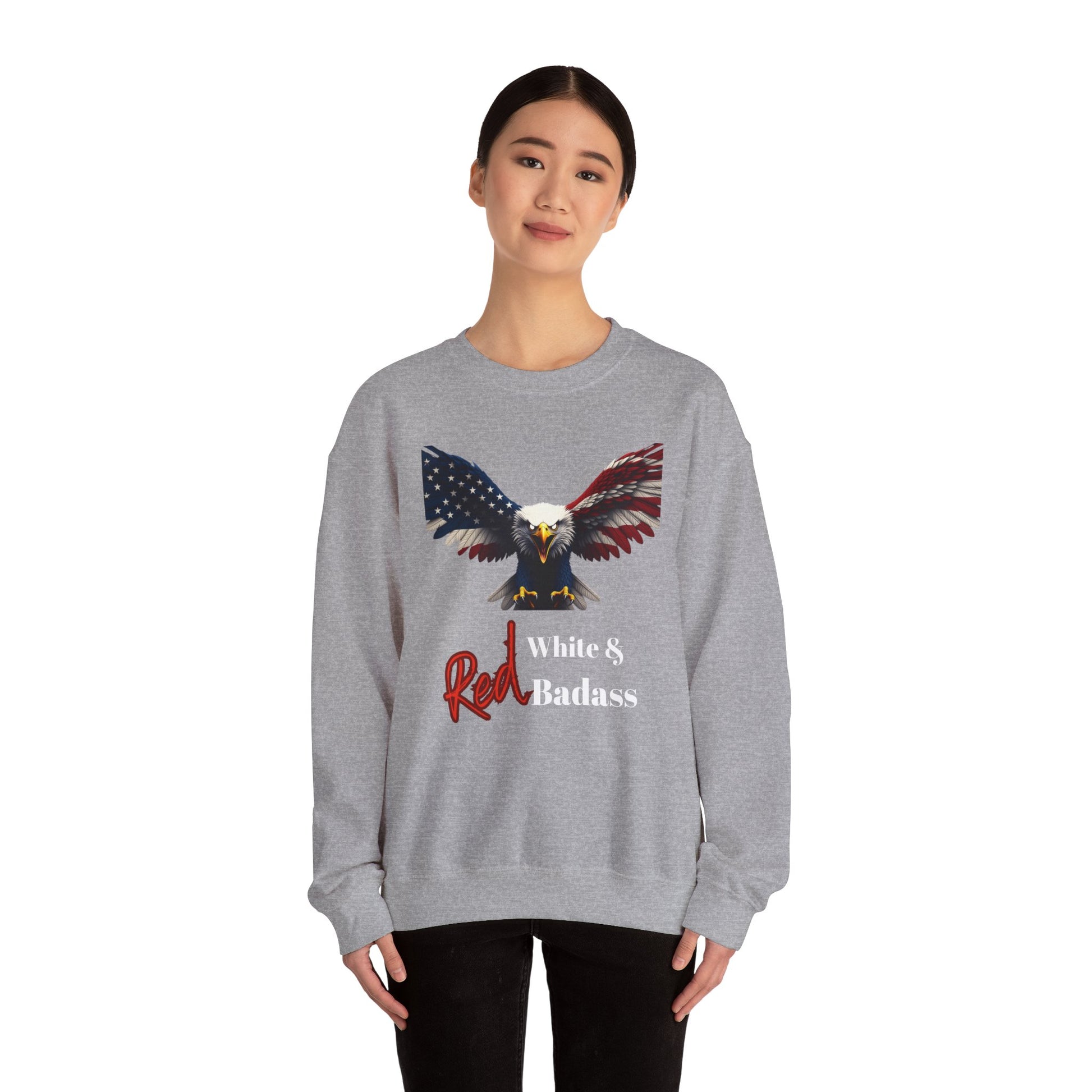Red White & Badass Patriotic Eagle text on a Crewneck Sweatshirt