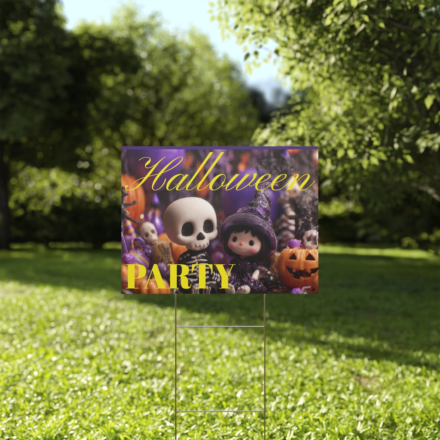 Halloween-themed party sign with cartoon characters on a grassy lawn