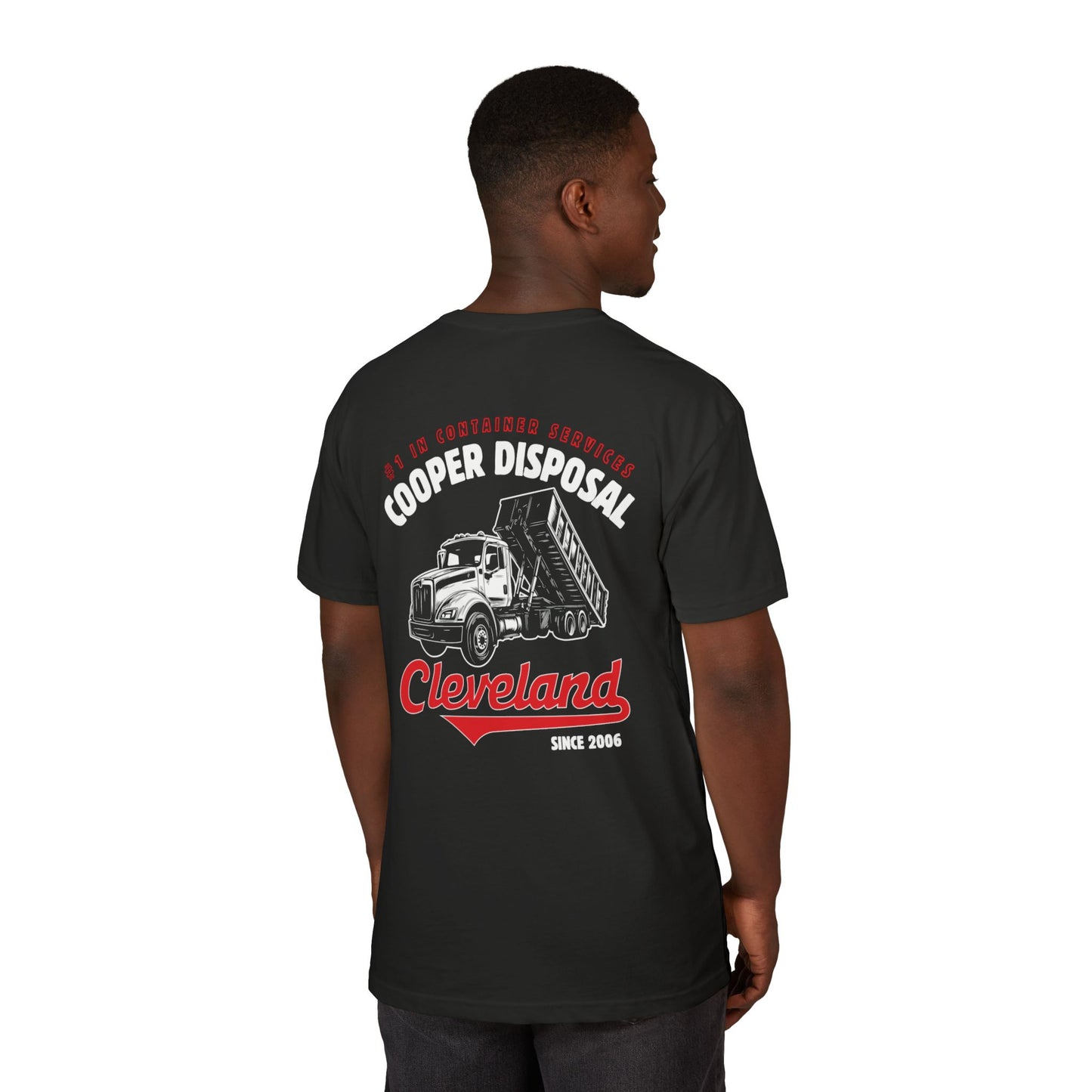 Black t-shirt with Cooper Disposal logo featuring a truck and Cleveland since 2006.