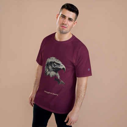 Strength in Liberty small font text below an eagle head on a Champion Tee