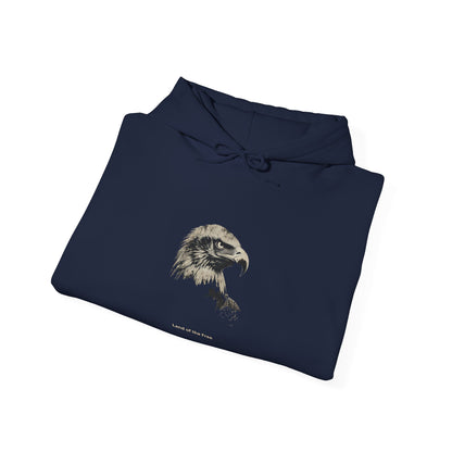 Land of the Free smaller text below an eagle head on a Pullover Hoodie