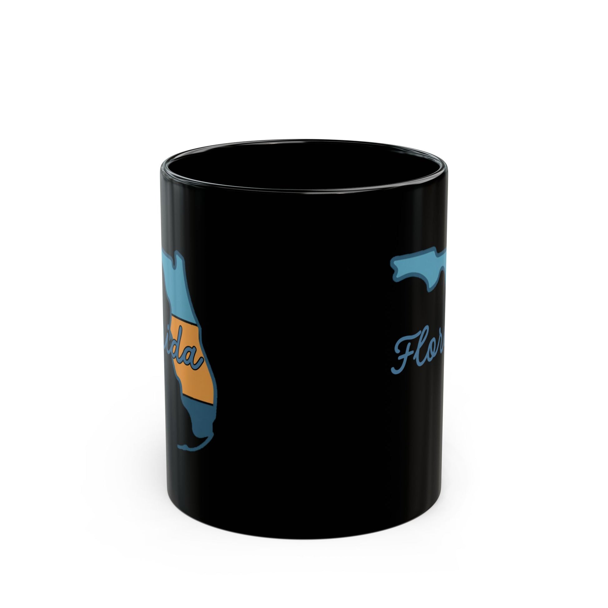 Black mug with Florida map outline and cursive text.