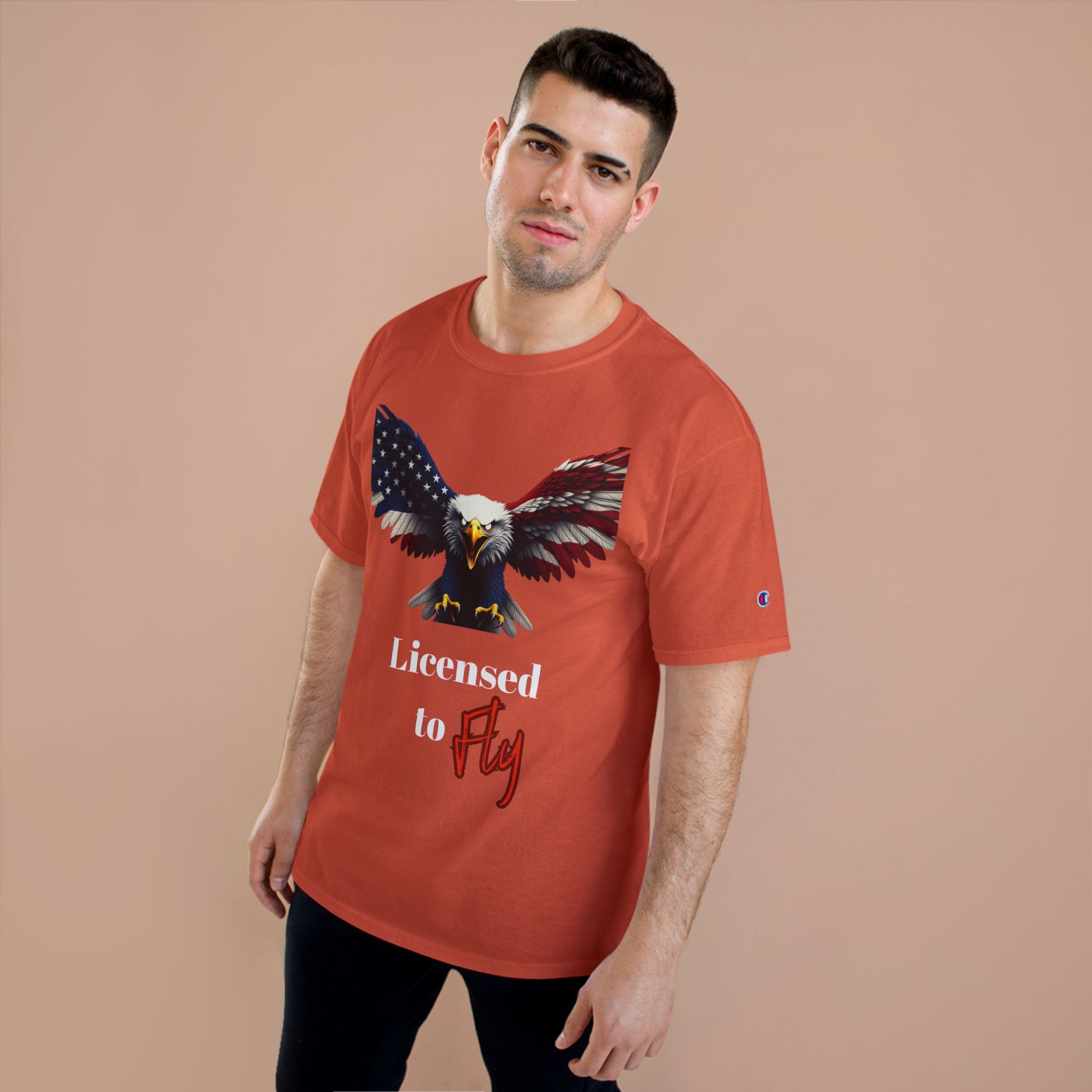 Licensed To Fly Patriotic Eagle on a Champion T-shirt