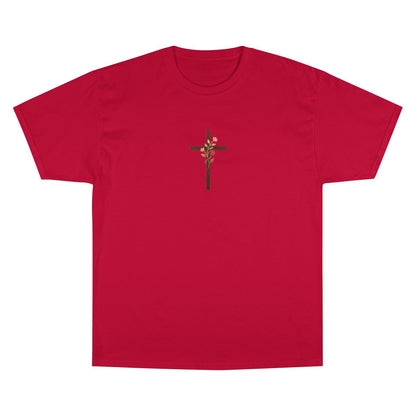 Bold red shirt Christian floral cross emblem product type