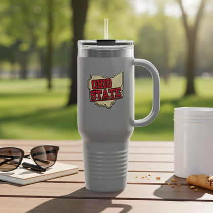 Travel mug with Ohio map graphic and city names.