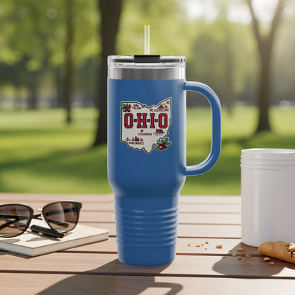 Blue travel mug with Ohio map graphic and city names.