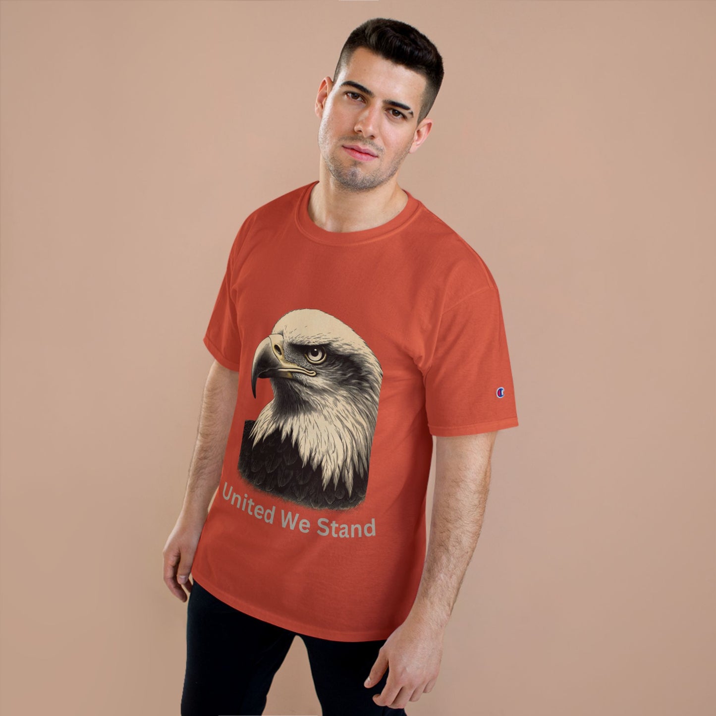 Engraved Eagle - United We Stand - text on the bottom of a Champion Tee