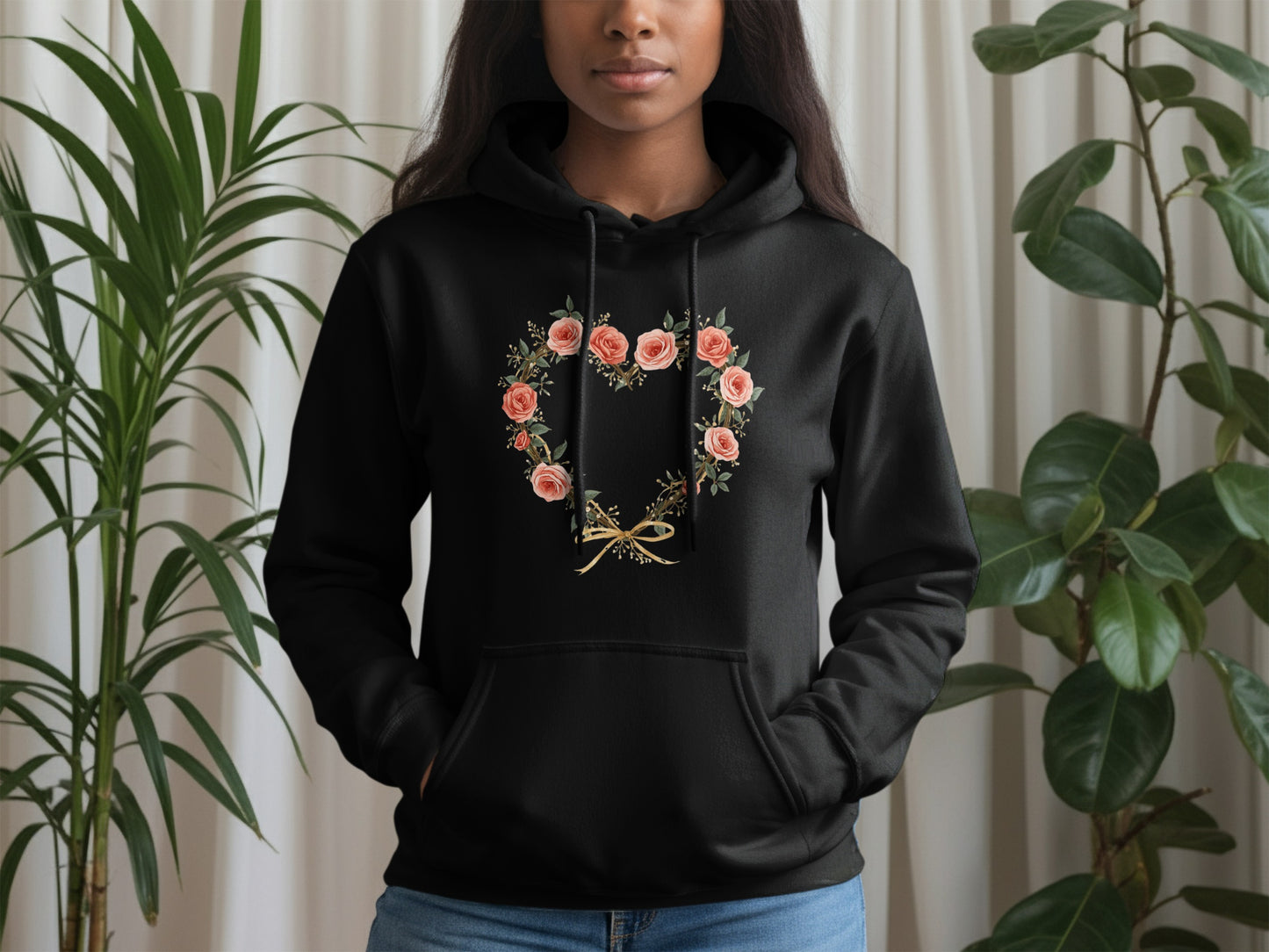 Elegant Black Hoodie with Floral Rose Design