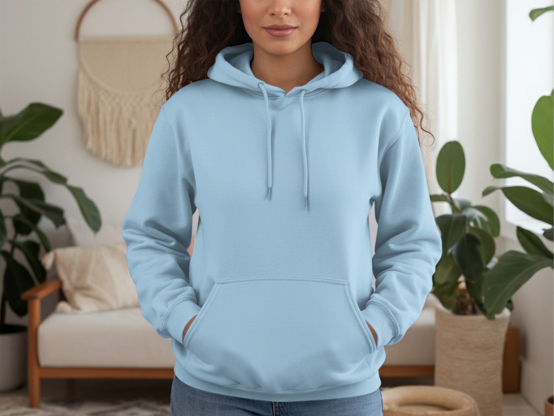 Light Blue Casual Hoodie for Women with Front Pocket