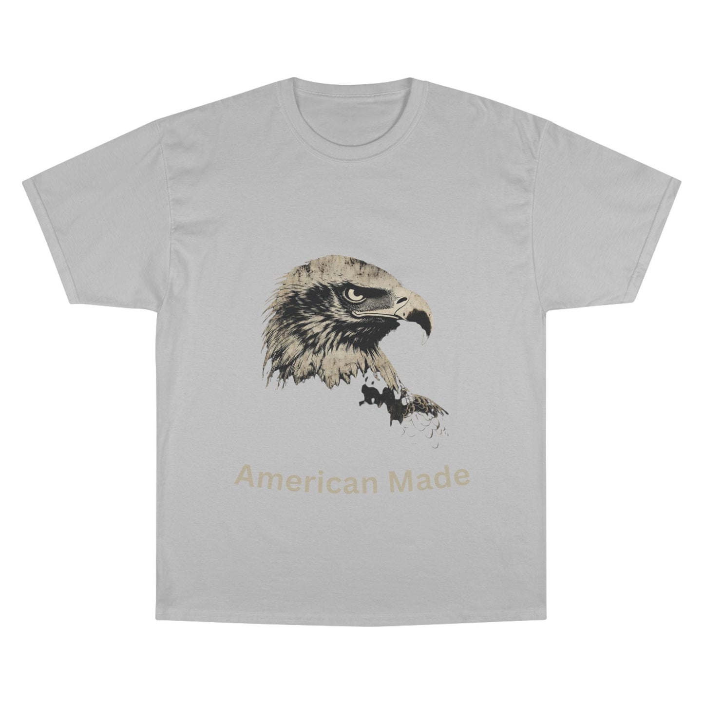 American Made text below an eagle head on a Champion Tee