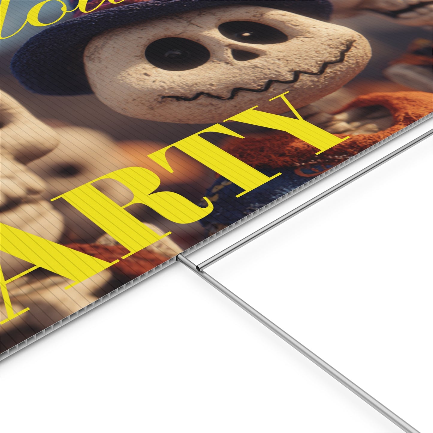 Halloween-themed party sign with cartoon characters on a grassy lawn