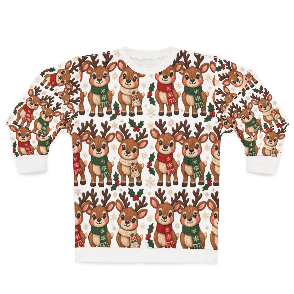 Christmas sweatshirt with a repeating pattern of cartoon reindeer and snowflakes.