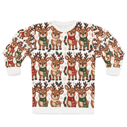 Christmas sweatshirt with a repeating pattern of cartoon reindeer and snowflakes.