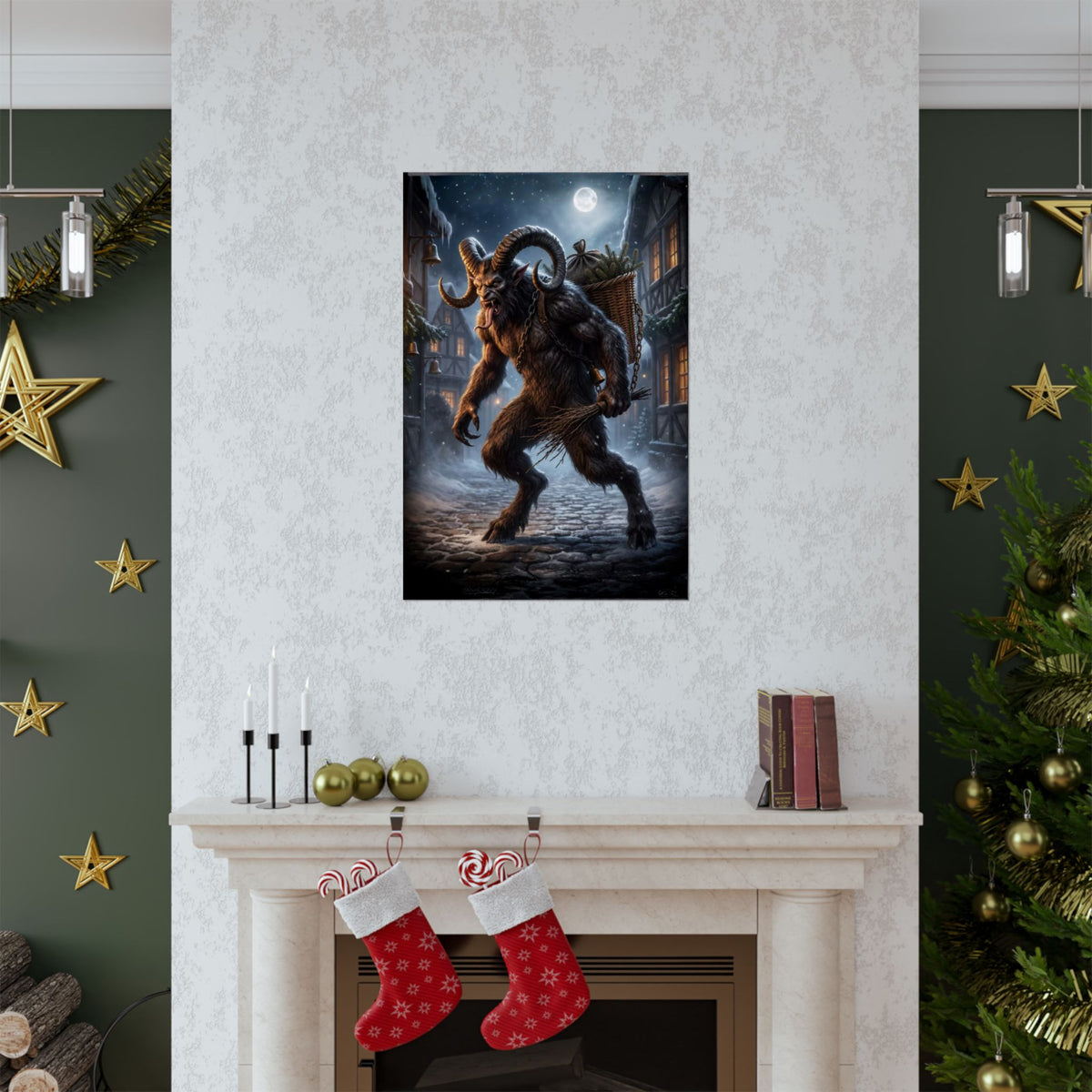 Krampus with a basket on his back walks down a snowy village street under the moonlight.
