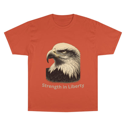 Engraved Eagle - Strength in Liberty - text on the bottom of a Champion Tee