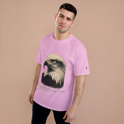 Engraved Eagle - Land of the Free - text on the bottom of a Champion Tee