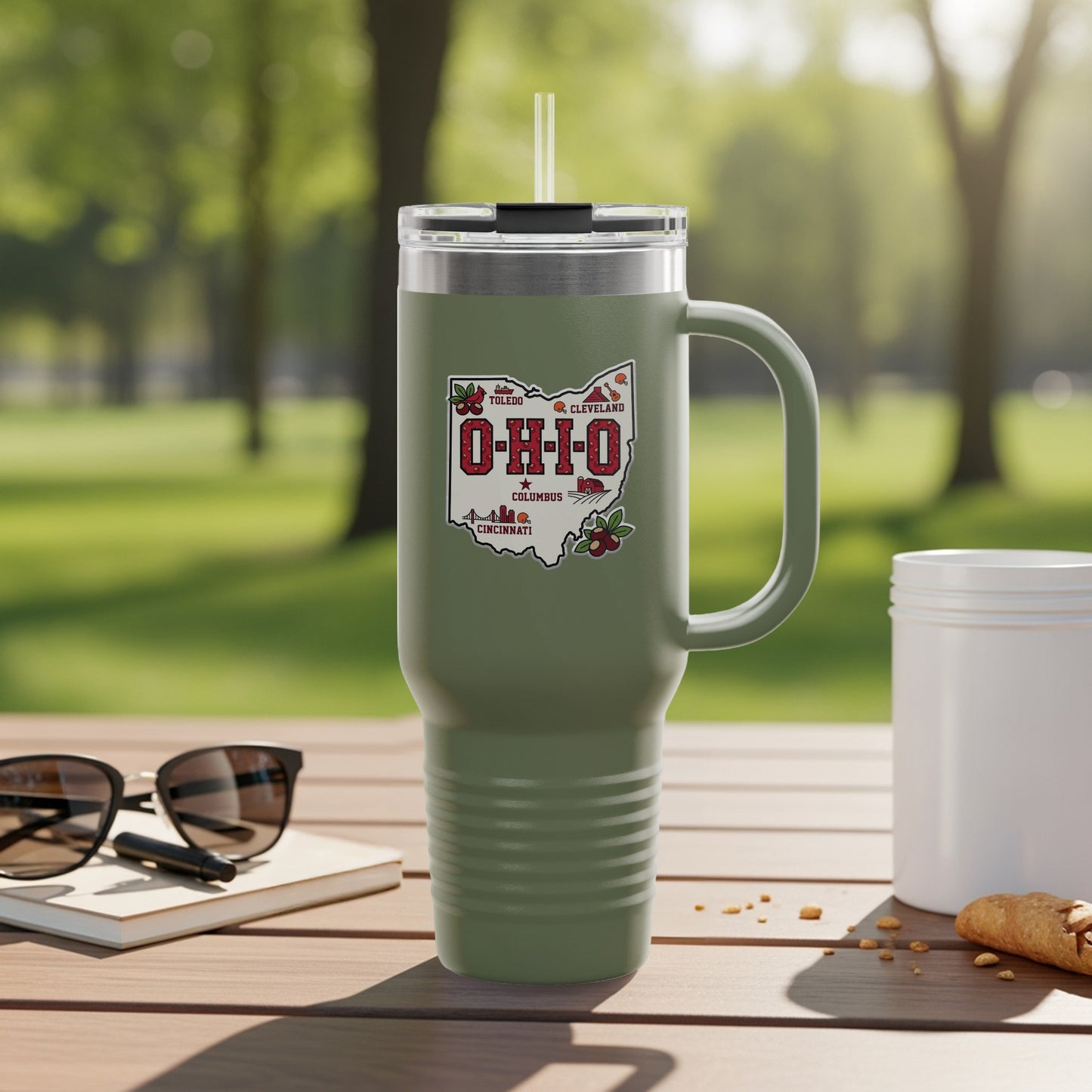 Green tumbler with Ohio cities map and cherries design.