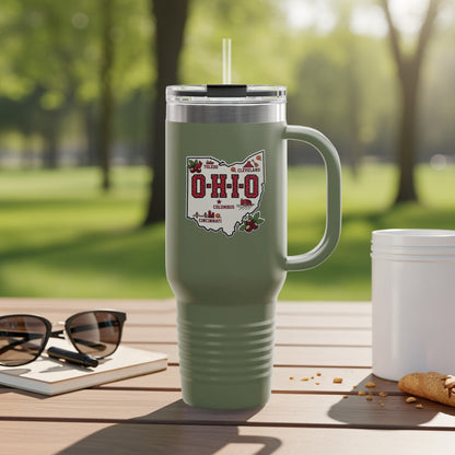 Green tumbler with Ohio cities map and cherries design.