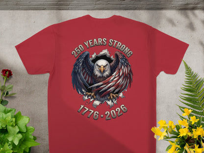 Red t-shirt with eagle and "250 Years Strong 1776-2026" text.