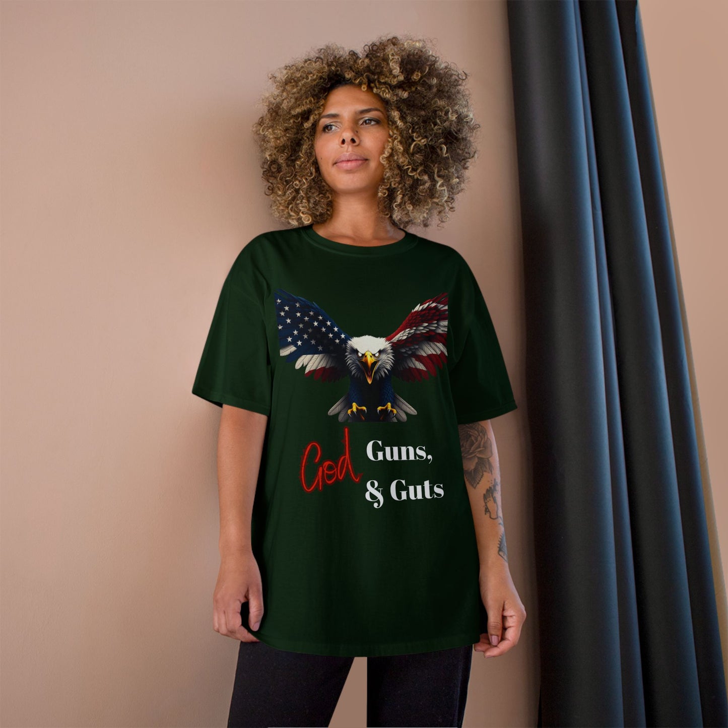 God Guns & Guts Patriotic Eagle on a Champion T-shirt