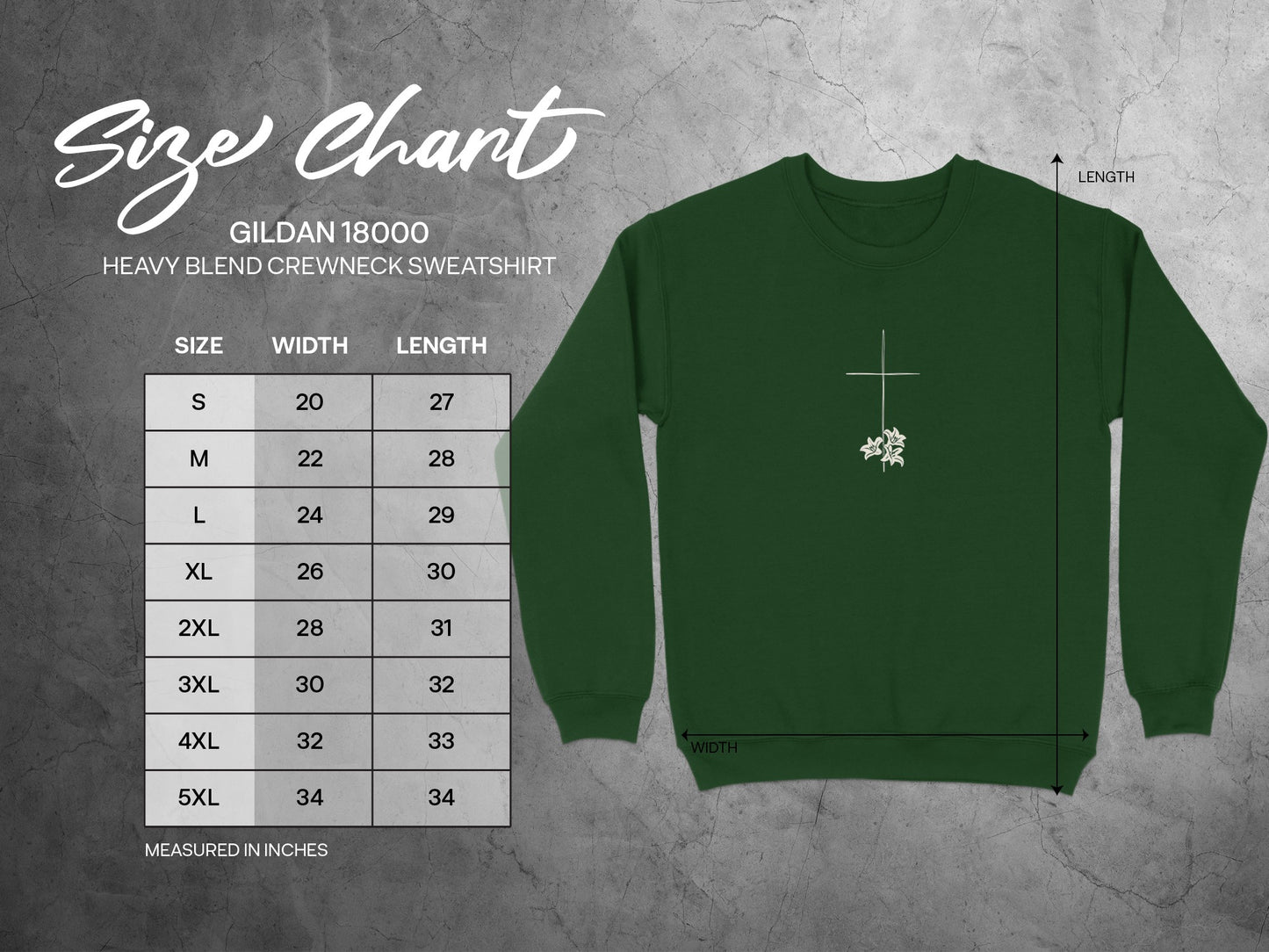 Gildan 18000 sweatshirt size chart with width and length measurements in inches.